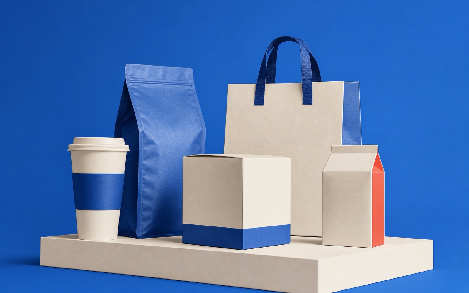A coordinated collection of blank cups, bags, pouches and boxes in Romah blue